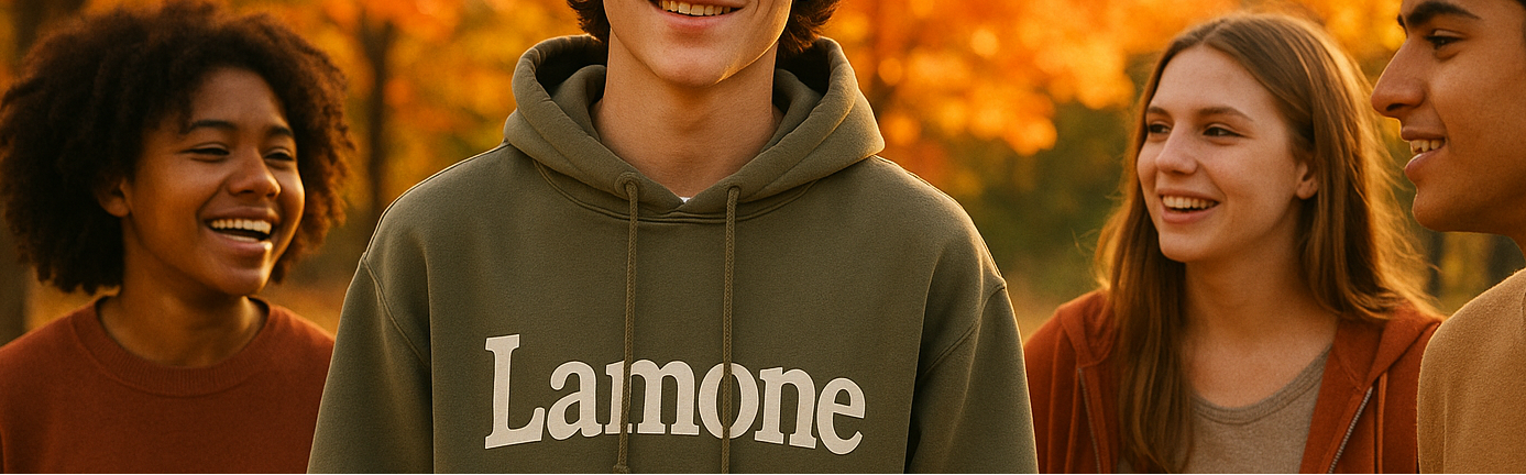 Add Text "Lamone" to the hoodie of the teenager facing in front